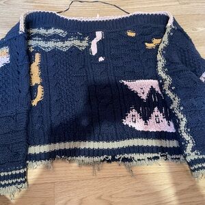 Free People Navy and Cream Knit Sweater